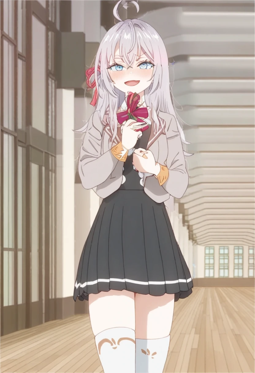 One girl, Alisa Mikhailovna Kujo,Tomorrow, my friend, Arya-san, will be visiting Russia.,alone, Long Hair, Eyebrows visible through hair, Hair between the eyes, Silver Hair, Hair Ribbon, blue eyes, Medium chest, ,White legwear,zettai ryouiki, Long sleeve, Jacket,
Sealing, Portraiture, View your viewers, Severe, corridor, Open your mouth,
Highest quality, so beautiful, Absurd,Fully nude with nipples,Pussy,Squirting