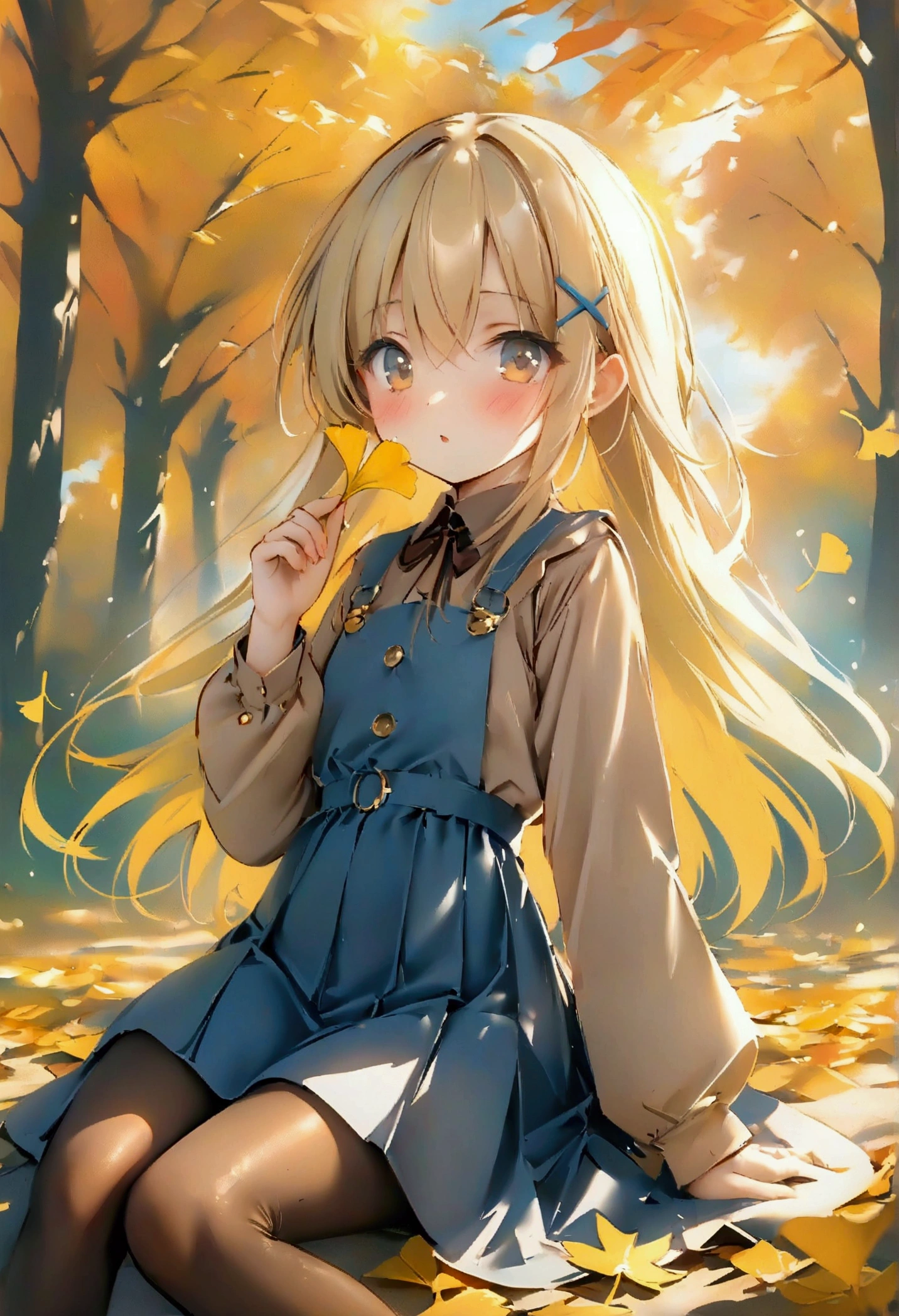 masterpiece,best quality,high quality,(colorful),[Artist miwano rag],[Artist toosaka asagi],[Artist wlop],[Artist chen bin],****,1girl, solo, autumn leaves, long hair, outdoors, leaf, autumn, blonde hair, sitting, holding leaf, holding, looking at viewer, hair ornament, tree, long sleeves, bangs, x hair ornament, dress, pantyhose, day, plaid, shirt, parted lips, ginkgo leaf, blush, brown eyes, boots, very long hair, falling leaves, maple leaf, blue dress, between legs, brown pantyhose, hairclip, pinafore dress, brown shirt, hand between legs, sky, feet out of frame, brown footwear, floating hair