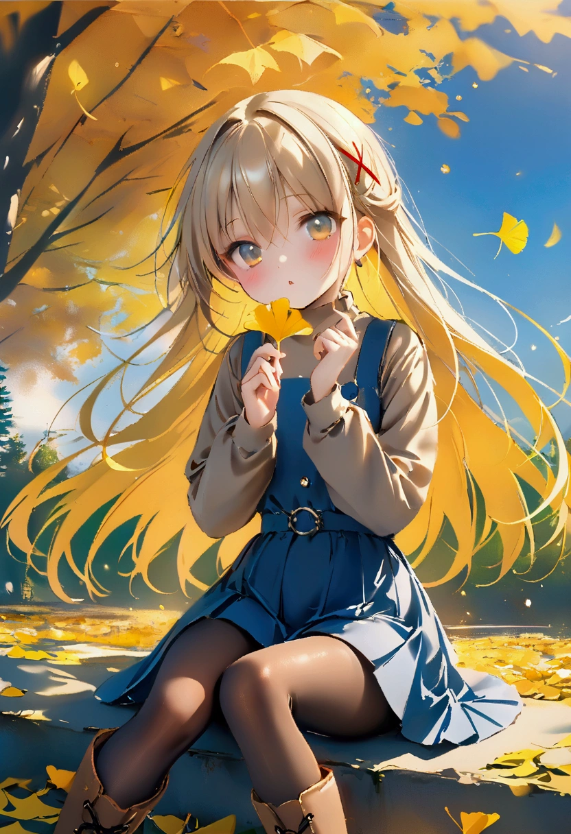 masterpiece,best quality,high quality,(colorful),[Artist miwano rag],[Artist toosaka asagi],[Artist wlop],[Artist chen bin],****,1girl, solo, autumn leaves, long hair, outdoors, leaf, autumn, blonde hair, sitting, holding leaf, holding, looking at viewer, hair ornament, tree, long sleeves, bangs, x hair ornament, dress, pantyhose, day, plaid, shirt, parted lips, ginkgo leaf, blush, brown eyes, boots, very long hair, falling leaves, maple leaf, blue dress, between legs, brown pantyhose, hairclip, pinafore dress, brown shirt, hand between legs, sky, feet out of frame, brown footwear, floating hair