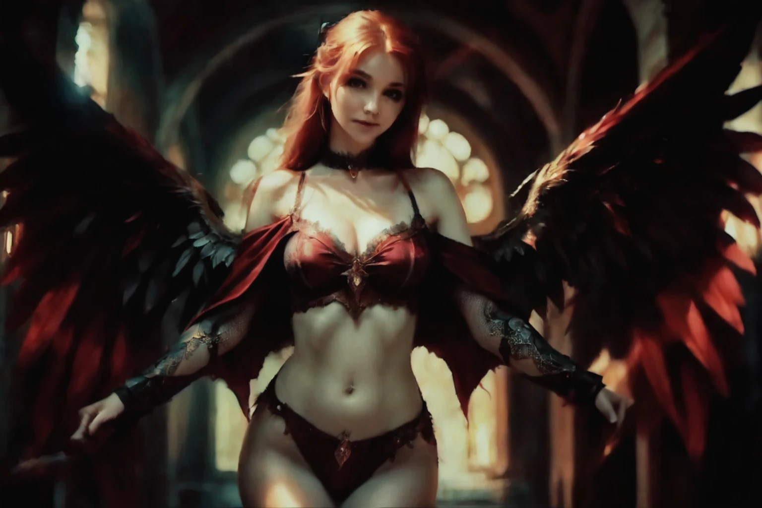 arafed woman with red hair and wings in a dark room, beautiful succubus, succubus | medieval, raven winged female vampire, succubus, diablo 4 lilith, succubus in tight short dress, gothic fantasy art, villainess has black angel wings, lilith, beautiful elegant demon queen, cinematic goddess body shot, epic fantasy art style hd