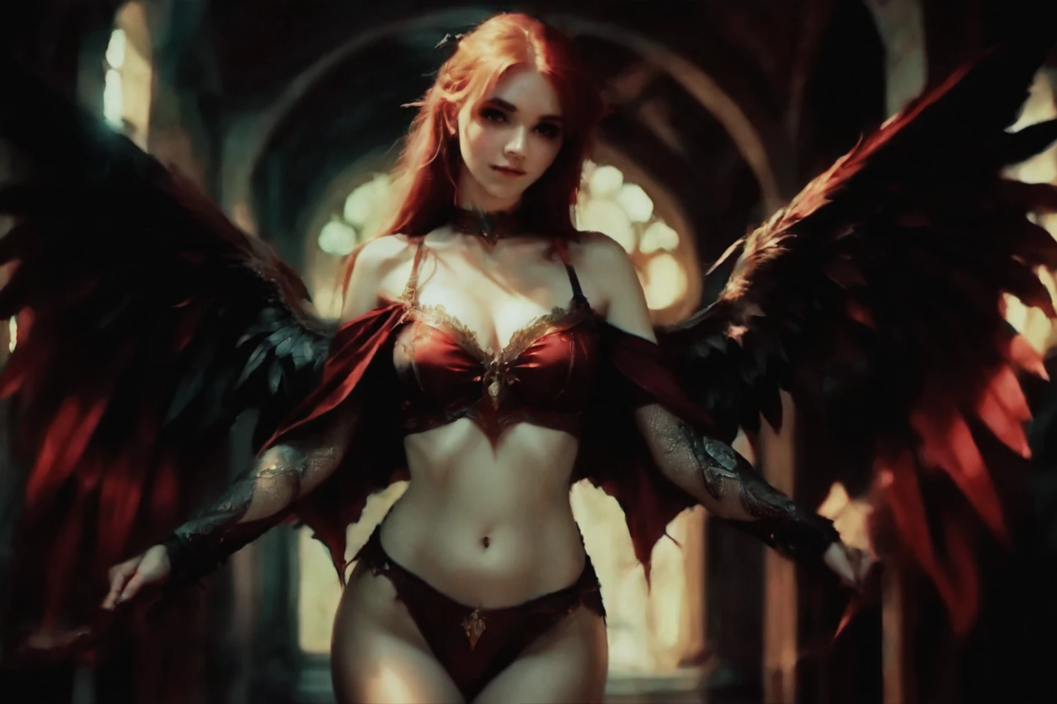 arafed woman with red hair and wings in a dark room, beautiful succubus, succubus | medieval, raven winged female vampire, succubus, diablo 4 lilith, succubus in tight short dress, gothic fantasy art, villainess has black angel wings, lilith, beautiful elegant demon queen, cinematic goddess body shot, epic fantasy art style hd
