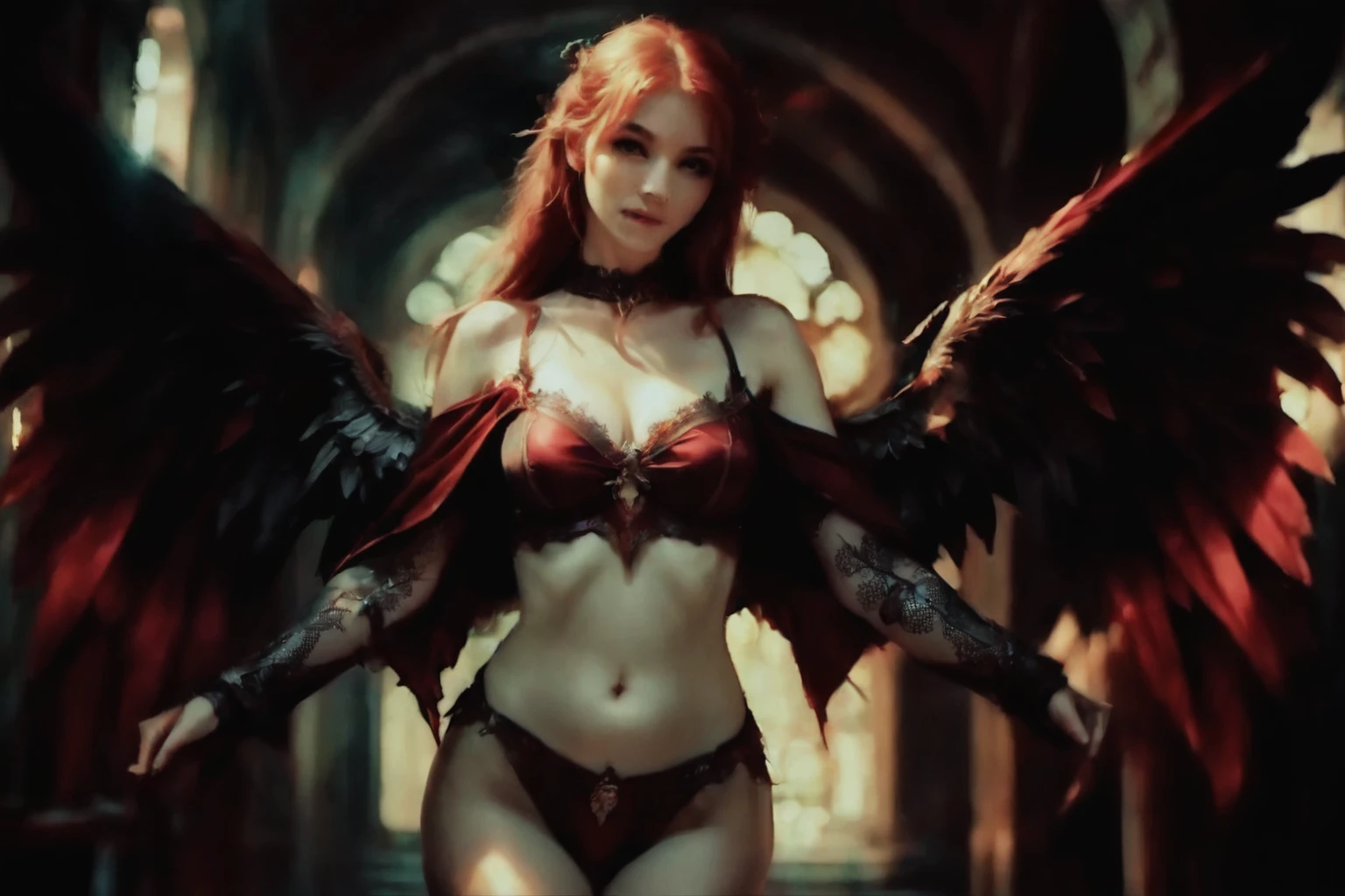 arafed woman with red hair and wings in a dark room, beautiful succubus, succubus | medieval, raven winged female vampire, succubus, diablo 4 lilith, succubus in tight short dress, gothic fantasy art, villainess has black angel wings, lilith, beautiful elegant demon queen, cinematic goddess body shot, epic fantasy art style hd