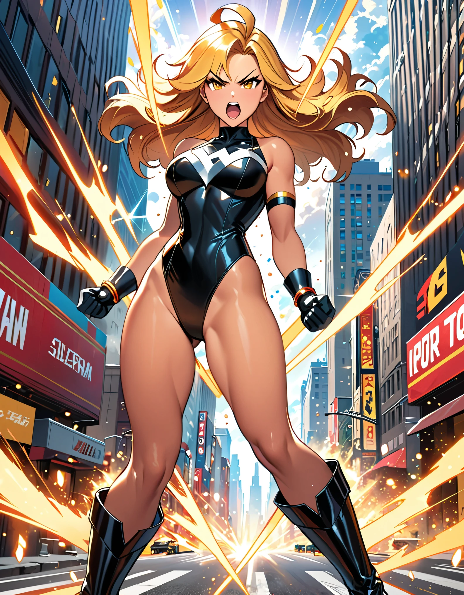 anime girl in a red and black suit standing on a city street, extremely detailed artgerm, style artgerm, style ivan talavera and artgerm, krenz cushart and artgerm, range murata and artgerm, artgerm style, in the style artgerm, ig model | artgerm, artgerm detailed, blonde hair, long hair, medium hair, ahoge hazel eyes, (leotard), bare legs, matching boots and gloves, superhero, bracelets, raised arms, clenched fists, giant, giantess, powering up, yellow aura in her body, power surge, angry, open mouth, diffraction spikes, light particles, solo, solo focus, super sayian, (silver (v) (symbol) on chest).