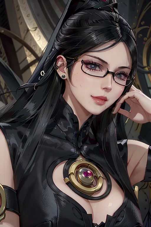 Bayo, Bayonetta, 1 girl, alone, Mole under mouth, Glasses, Black Hair, Mole, jewelry, Compensate, Earrings, smile, eye shadow, Portraiture, Long Hair, lips, lipstick, Grey Eyes
