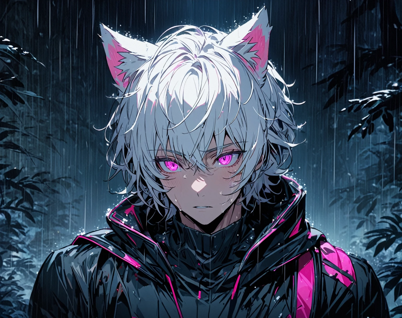 1 men, short white hair, pink eyes, Kitten ears, wearing a black shirt, wearing gloves, slightly muscular body, at night, raining, front view, in a freezing forest, 4K, bright coloured, tall quality, close up no rosto, pretty detailed eyes, well-detailed face