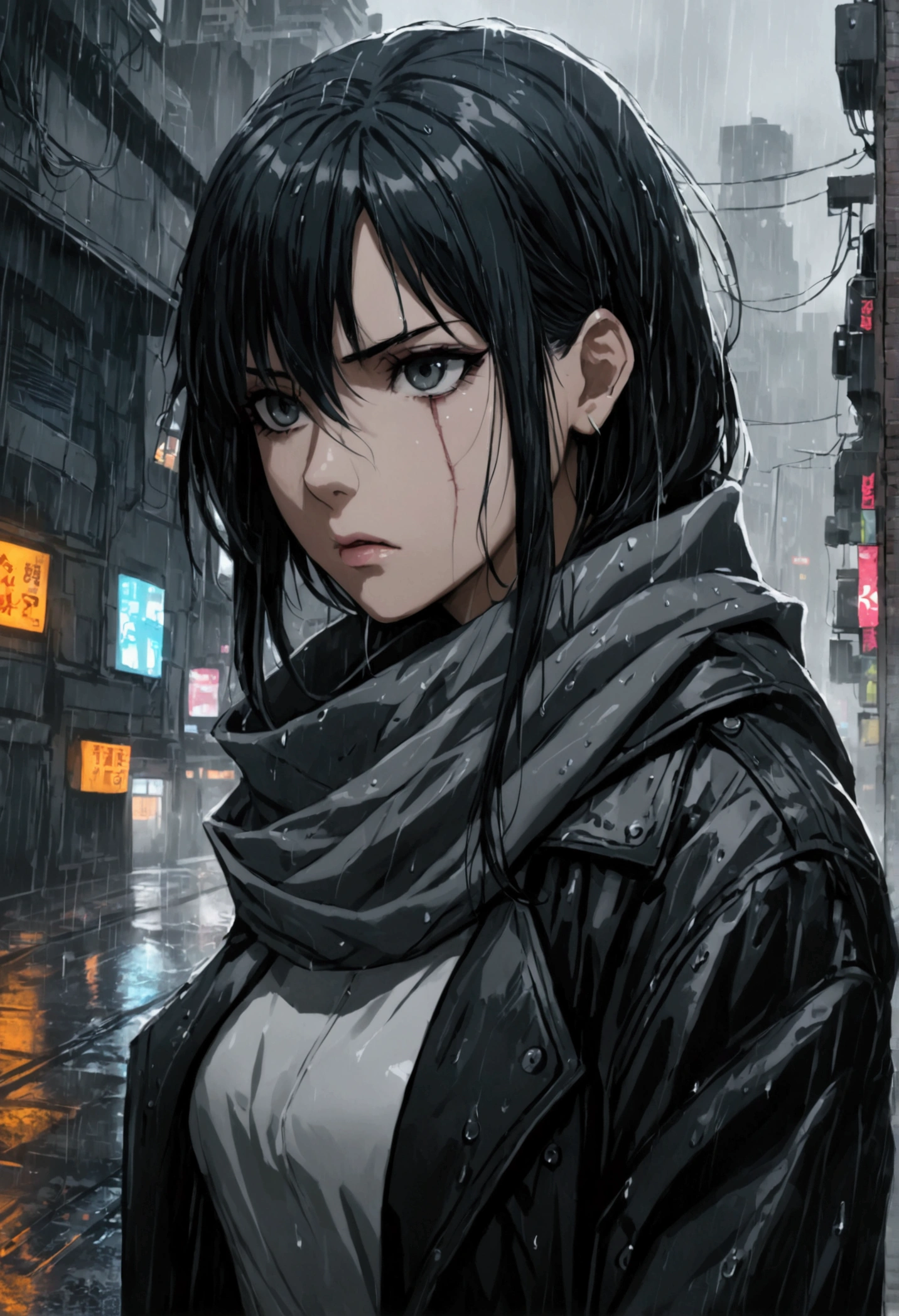 a woman, long black hair, beautiful gray-silver eyes, a black jacket, scar on eye, menacing, gray scarf, raining, cyberpunk city, gloomy atmosphere