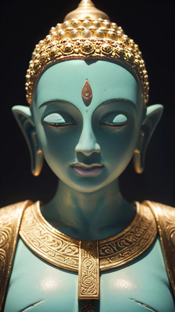 Create a close-up front-facing image of a mystical human figure with features reminiscent of a Buddha. The figure should have a serene and peaceful expression, with a slight smile. Ensure the face is prominently displayed with clear, well-defined eyes, nose, and mouth for easy detection. The figure should have a smooth, bald head and elongated earlobes, similar to a traditional Buddha. The eyes should be particularly expressive and captivating. Dress the figure in traditional robes with intricate patterns. The background should be calm and tranquil, featuring elements like a soft, glowing aura.