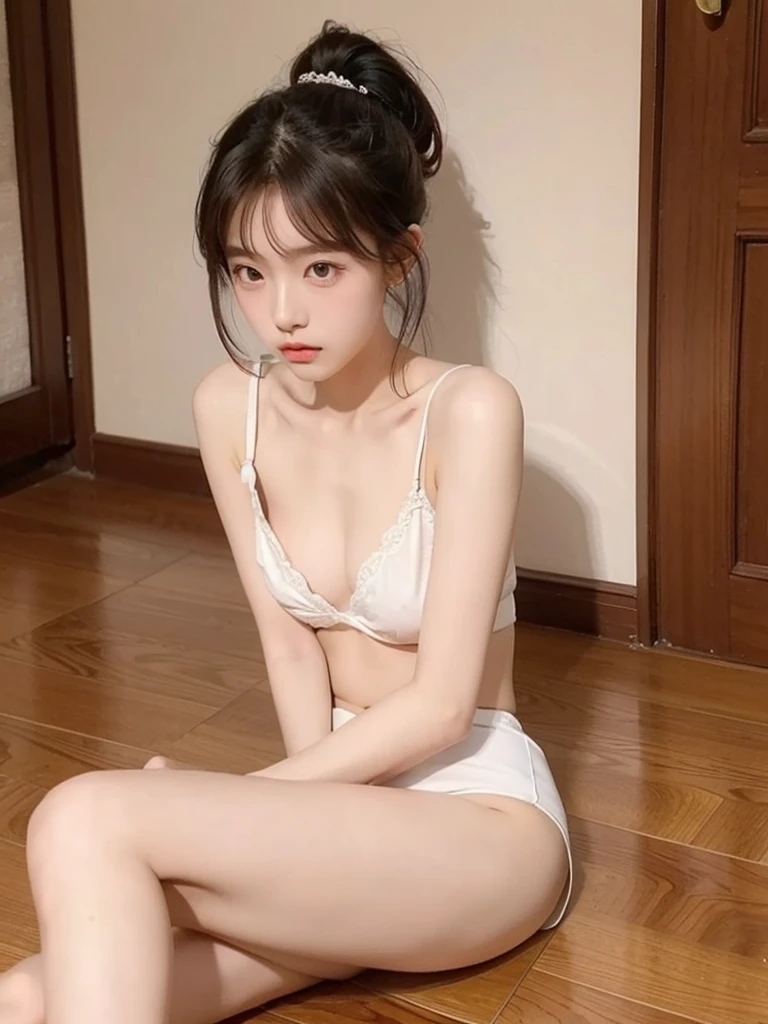 masterpiece,A 15-year-old Korean model、Lying on the floor、looking at the audience、ponytail、Charming face、Medium breasts、