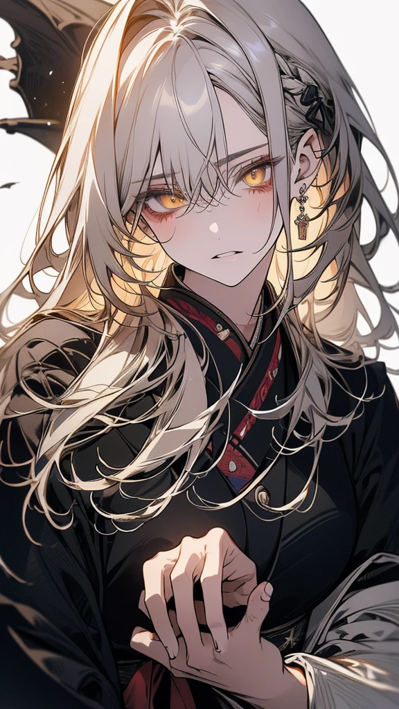 (Top resolution、Distinct_image)top-quality、A dragon girl 、​masterpiece、highly detailed, half body, Semi-realistic、yellow eyes 、18year old, silver hair,young 、Exquisite facial features、Facial features ,variation potrait, long  hairstyles, teenage, cool , cold sharp eyes, An expression of despair., lifeless eyes, blood on face, , {Very detailed 8k CG unit wallpaper}, Handsome, solo, female, , loyalty ,Japanese kimono, detailed eyes, beautiful eyes, gorgeous 