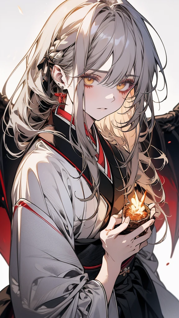 (Top resolution、Distinct_image)top-quality、A dragon girl 、​masterpiece、highly detailed, half body, Semi-realistic、yellow eyes 、18year old, silver hair,young 、Exquisite facial features、Facial features ,variation potrait, long  hairstyles, teenage, cool , cold sharp eyes, An expression of despair., lifeless eyes, blood on face, , {Very detailed 8k CG unit wallpaper}, Handsome, solo, female, , loyalty ,Japanese kimono, detailed eyes, beautiful eyes, gorgeous 