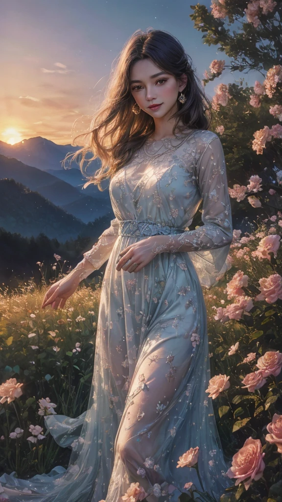 (best quality,4k,8k,highres,masterpiece:1.2),ultra-detailed,(realistic,photorealistic,photo-realistic:1.37),beautiful girl,gazing at the sunrise,sun rising in the east,enchanting warm dawn,golden-pink hues,freshness and transparency,illustration,dreamy scene,serene garden,soft morning light,blooming flowers,whispering gentle breeze,peaceful atmosphere,morning dew on green grass,sparkling water droplets,clear blue sky,birds singing in harmony,colorful butterflies dancing around,the girl's captivating eyes, long eyelashes,and flawless complexion,flowing golden wavy hair,fresh morning makeup,with rosy lips and bright smile,feminine floral dress,graceful posture,strolling among the blooming roses,twinkling sunlight filtering through the leaves,creating beautiful patterns of shadows,distant mountains painted with pastel colors,soothing sounds of nature,capturing the beauty of a new day,portraying the magic of sunrise in an exquisite painting