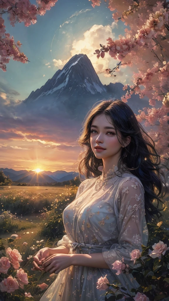 1girl, dynamic angle, cloud and mountain, (flower field:1.4) in the foreground, white dress, light tracing, (floating colorful wind:1)
(photorealistic:1.4), official art, unity 8k wallpaper, ultra detailed, beautiful and aesthetic, masterpiece,best quality, glowing skin, cinematic lighting, light smile