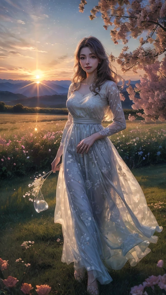 (best quality,4k,8k,highres,masterpiece:1.2),ultra-detailed,(realistic,photorealistic,photo-realistic:1.37),beautiful girl,gazing at the sunrise,sun rising in the east,enchanting warm dawn,golden-pink hues,freshness and transparency,illustration,dreamy scene,serene garden,soft morning light,blooming flowers,whispering gentle breeze,peaceful atmosphere,morning dew on green grass,sparkling water droplets,clear blue sky,birds singing in harmony,colorful butterflies dancing around,the girl's captivating eyes, long eyelashes,and flawless complexion,flowing golden wavy hair,fresh morning makeup,with rosy lips and bright smile,feminine floral dress,graceful posture,strolling among the blooming roses,twinkling sunlight filtering through the leaves,creating beautiful patterns of shadows,distant mountains painted with pastel colors,soothing sounds of nature,capturing the beauty of a new day,portraying the magic of sunrise in an exquisite painting