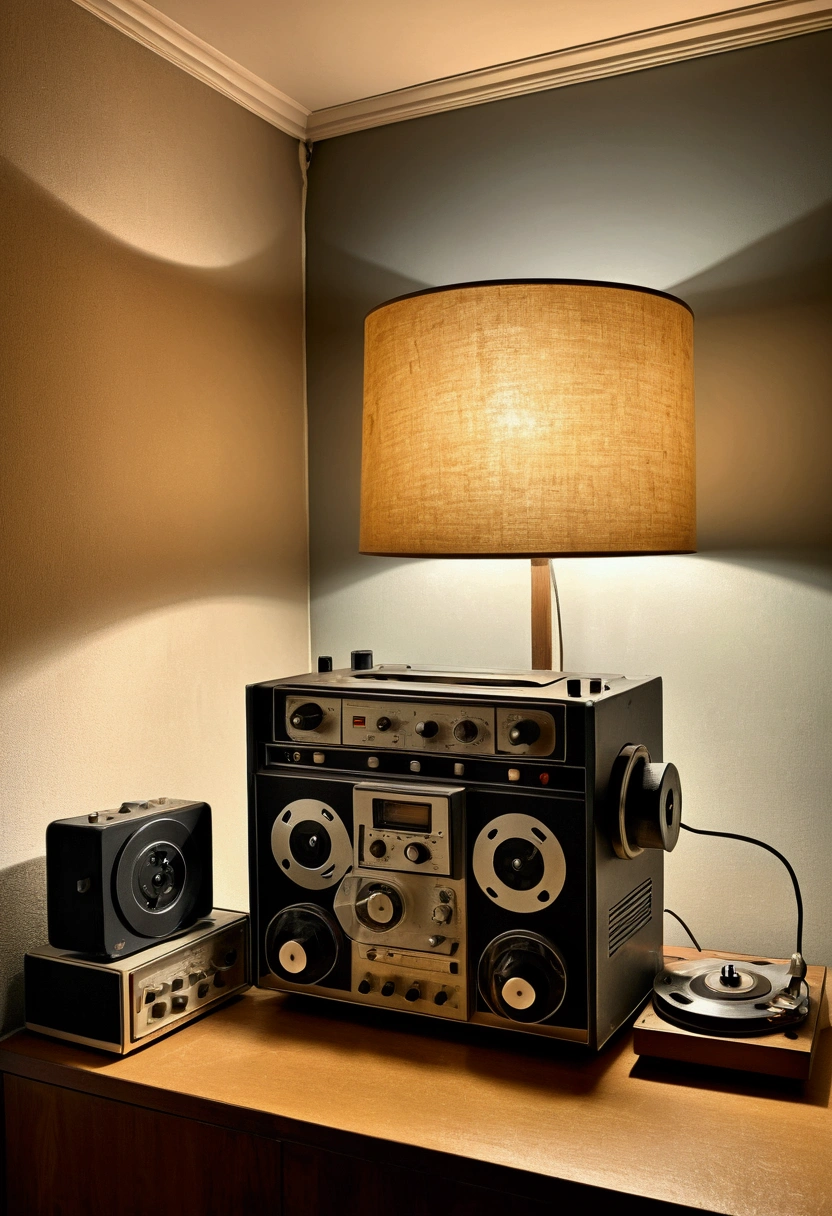 (artistic drawing), drawing of a reel-to-reel revox tape recorder under a lampshade without light in a an erased labyrynth
