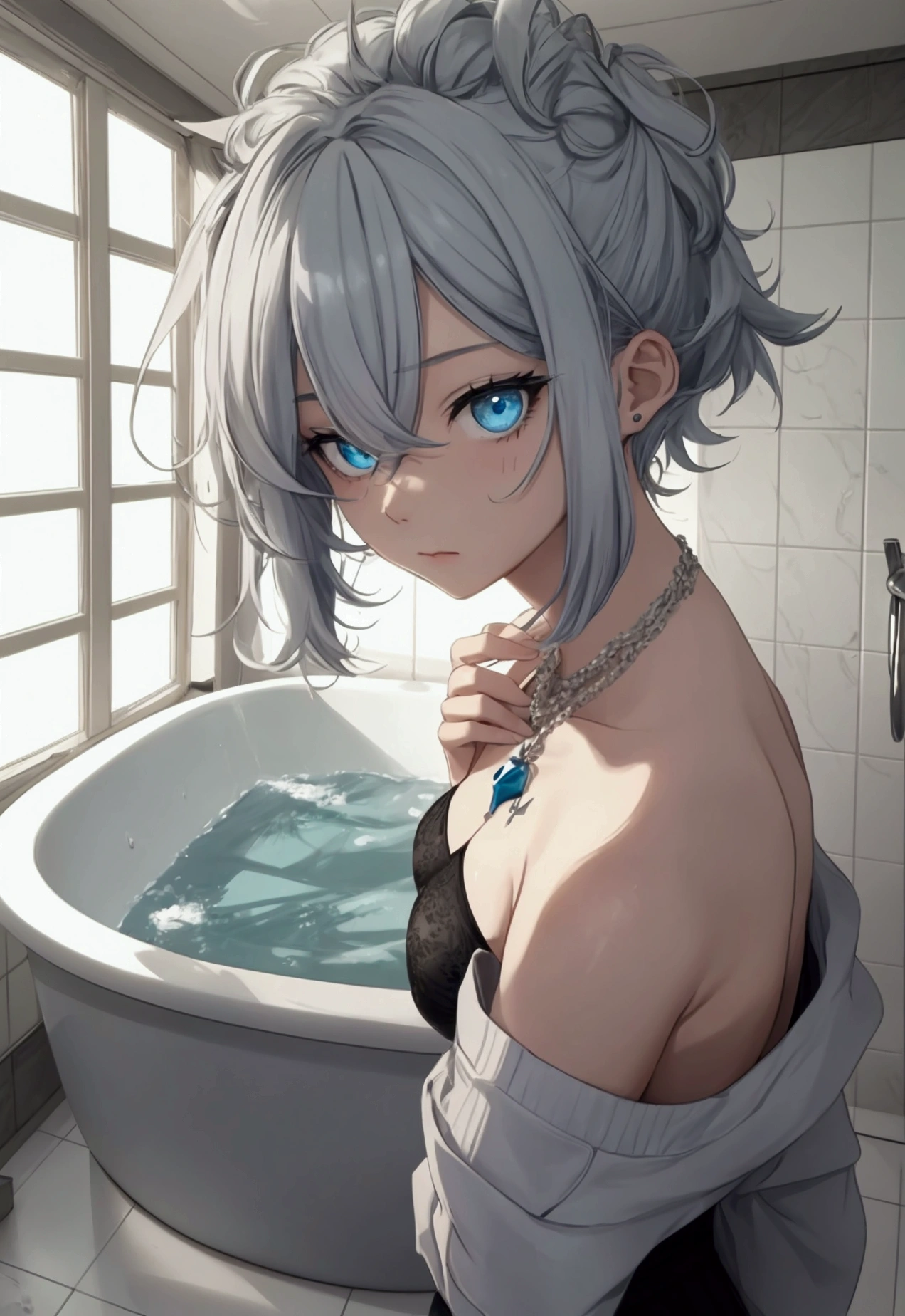 upset, kpop styles, two block haircut, two sided hair, light gray hair, silver hair, shorth hair, but messy hair, clear blue eyes, cyan eyes, eyes locked, trying to relax, humida, humida hair, brincos de naughty man, Kale dentro da banheira, Big bath, tomando banho, Kale, men&#39;s necklace, popular, chilling, calm, soft, great, ikemen, bonitas, aesthetics, kind, anime artstyle, work of art, best qualityer, illuminated room, colorfully, detailded, ung boy, professional art, digitl art, bathtub full of water, irresistible, marvelous, looking up, pure art, situational scene, Scenario, Panas, kind, bathroom background, 4K, High definition, naughty man, SFW

INFO
