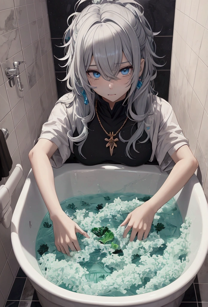 upset, kpop styles, two block haircut, two sided hair, light gray hair, silver hair, shorth hair, but messy hair, clear blue eyes, cyan eyes, eyes locked, trying to relax, humida, humida hair, brincos de naughty man, Kale dentro da banheira, Big bath, tomando banho, Kale, men's necklace, popular, chilling, calm, soft, great, ikemen, bonitas, aesthetics, kind, anime artstyle, work of art, best qualityer, illuminated room, colorfully, detailded, 1 young boy, professional art, digitl art, bathtub full of water, irresistible, marvelous, looking up, pure art, situational scene, Scenario, Panas, kind, bathroom background, 4K, High definition, naughty man, SFW
INFO