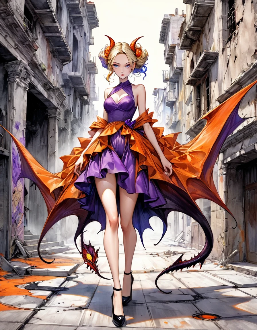 atmosphere terror devil {Amanda Sage Camilla Sanchez Edgar Degas} very fine drawing cartoon sketch art pastels watercolor pencil sketch purple + orange withe terror evil Venom rich deep color bright palette. perfect full body composition wonderful sexy sad woman luminous face sensual allure walking city ruins masterpiece smooth smart focus
