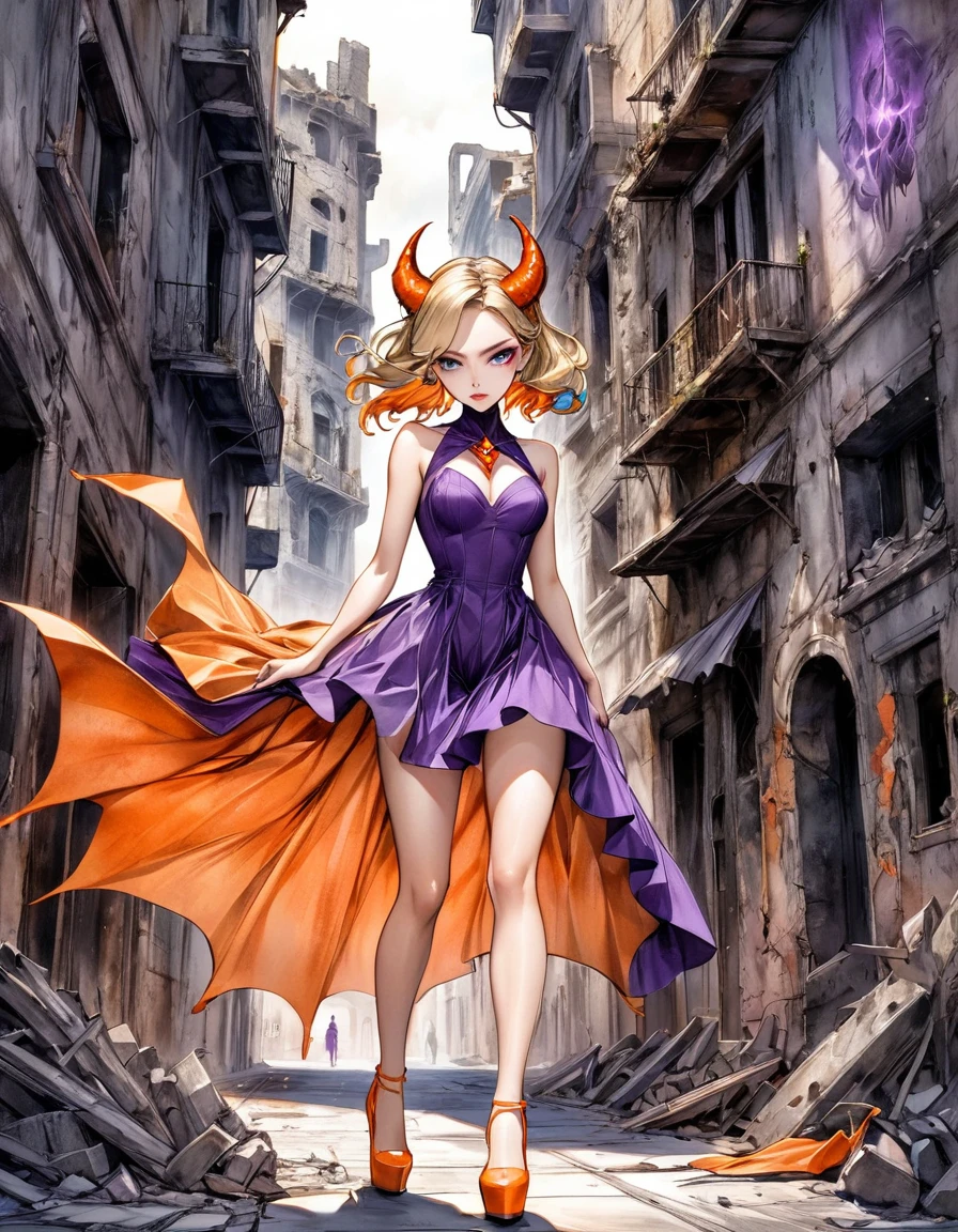 atmosphere terror devil {Amanda Sage Camilla Sanchez Edgar Degas} very fine drawing cartoon sketch art pastels watercolor pencil sketch purple + orange withe terror evil Venom rich deep color bright palette. perfect full body composition wonderful sexy sad woman luminous face sensual allure walking city ruins masterpiece smooth smart focus