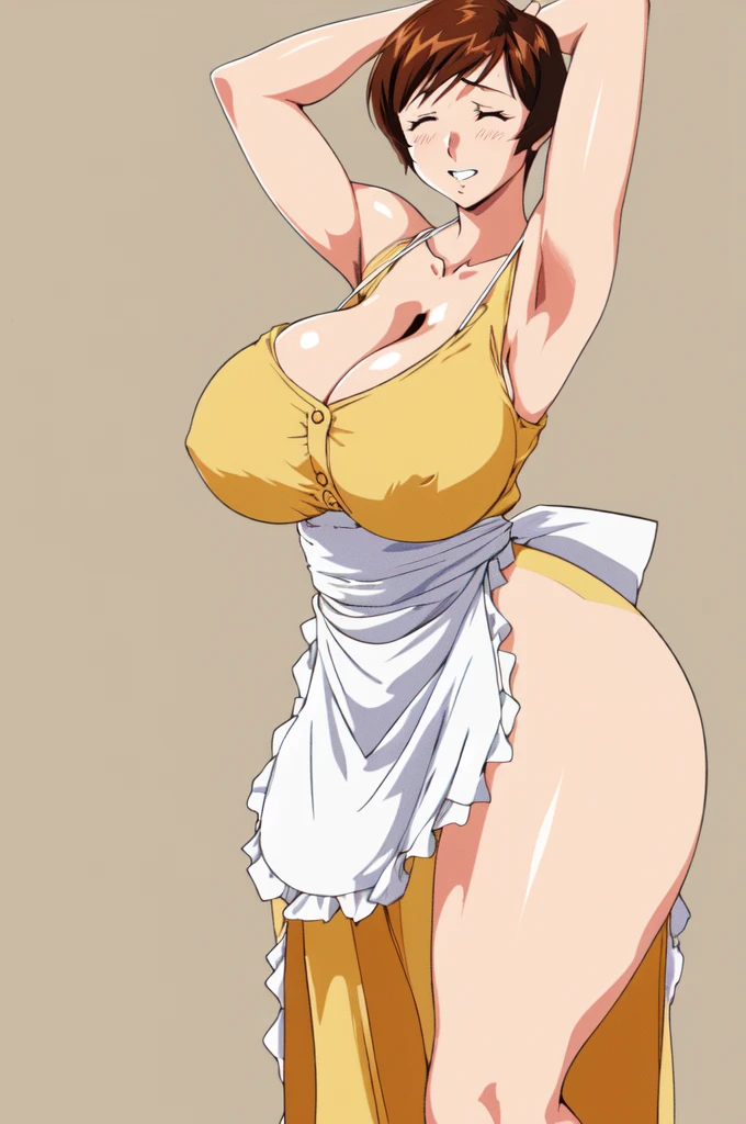 masterpiece, highest quality, High resolution, One girl, solo, sexual intercourse, Pornographic images, short hair, etsukoto, brown Eyes, fine grain, fine grain, (((Thick thighs, Plump thighs, Voluptuous thighs, Thighs alone are enough))), ((Huge and ample breasts, Cleavage, big long breasts)), Naughty big,((big breasts are important))、((Naughty thighs)), L Cup, (thin:1.4),(Tight waist:1.4), (yellow dress:1.4), ((waist apron)), orgasm, orgasm, closed eyes, white panty, (((Simple Background))), ((Wide Hips)), Shiny, Oily skin, Mature mother, Calf, Seductive mature woman, milf, Perfect body, Plus Size Model, curvy, ample, etsukoto, blush, clavicle, retro artstyle, 1990s (style), (thick thighs:1.4), ((Bare legs)), (arms up:1.4), (from side:0.8),