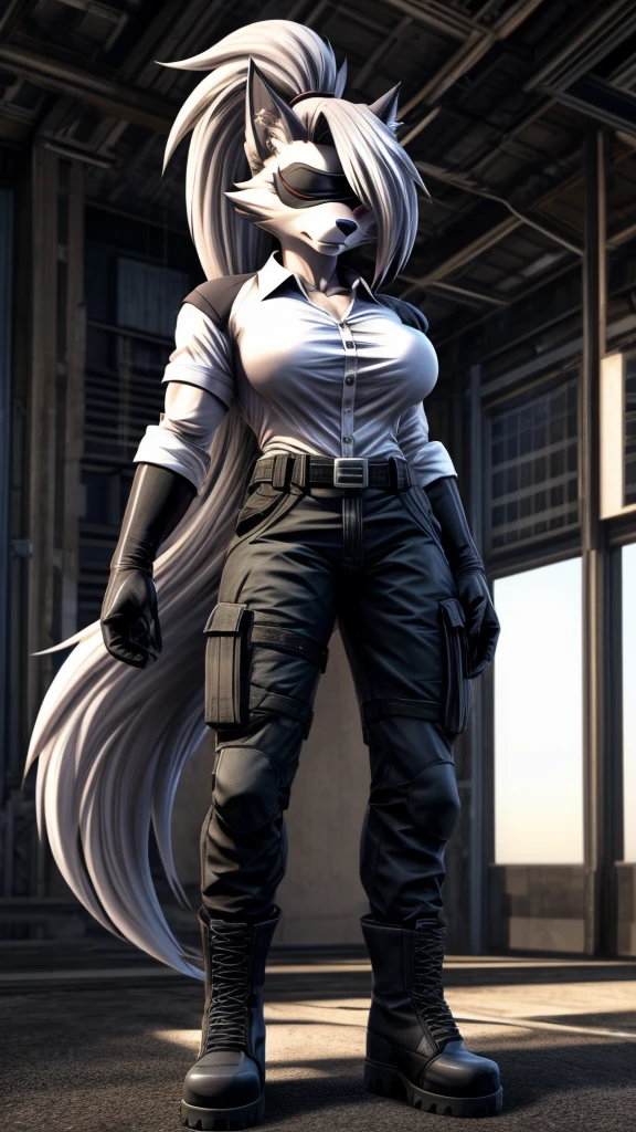Loona from Helluva Boss, female wolf, anthro, mature adult, white soft hair with ponytail, blindfolded with white cloth, tall, muscular, white sleeve shirt, black cargo pants, black boots, black tactical gloves, solo, beautiful, high quality, precise, full body, anime style, 4K