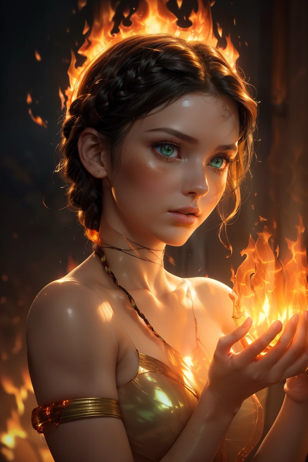 (((the red energy human body, front facing, full body, 1girl, 18 year old, caucasian, green eyes, perfect eyes, perfect iris, perfect pupils, perfect lips,perfect nose, perfect hands, very detailed hands, perfect fingers, black hair, short hair, straight hair, small braid in her hair, nature, subsurface scattering, transparent, translucent skin, glow, bloom,3d style, warm color, vibrant, volumetric light, inside fire, fire and flames all around,)))