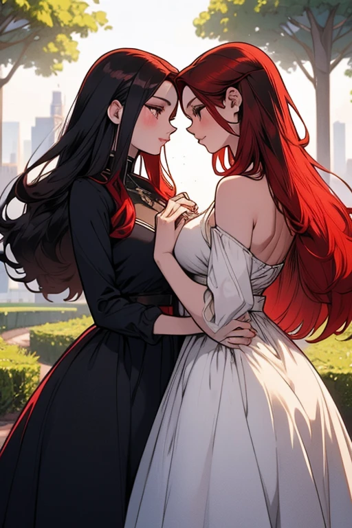 Two women. Perfect faces. Perfect hands. A red haired woman with red eyes and an hourglass figure in a pretty summer dress is kissing a black haired woman with brown eyes with an hourglass figure in a park.