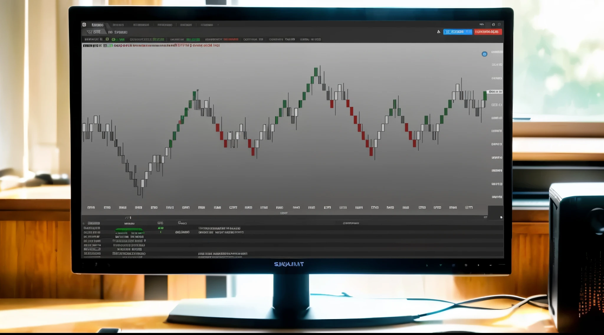 fuzzy monitor with a stock chart sitting on a table, waveforms on top of square chart, displaying stock Graphics, trending on markets, cgtrader, negotiation, negotiation stocks, Graphics, sinais Graphics, screenshot of youtube video, traders, looking partly to the left, markets, Symmetrical, 4 0 9 6, detailed scene, computer screen image, short circuit