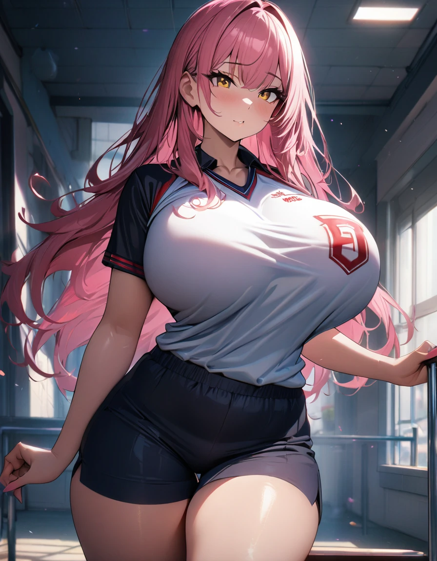 1girl,school,super huge breasts, pink hair,golden eyes,staring coldly,long hair, school student, body curves, sexy, sports uniform,  (best quality,4k,highres,masterpiece:1.2),ultra-detailed, dramatic lighting,vibrant colors,cinematic