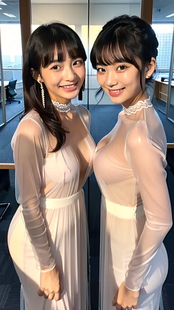 (A close-up selfie photo of two Japanese nude girls), 25-years-old, (Standing closely), (In the office), (Both smiling), (Both looking at the viewer), best quality, masterpiece, (Wearing transparent sheer long-sleeve bridesmaid-dress), (choker), (((Double eyelids))), Bangs down, earrings, (((Big beady eyes))), ((Completely transparent dress)), ((Nudists))