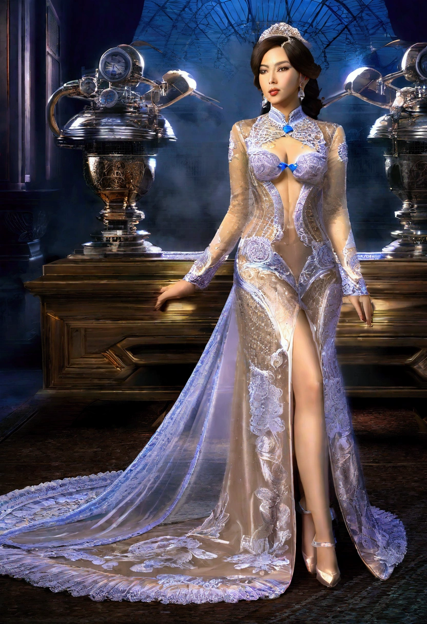 (a sultry steam-powered hostess, Malaysian woman of leisure, tantalizing sheer intricately embroidered night gown, complex gears and pistons, steam vents, optical lenses), formal ballroom, guests, (best quality,4k,8k,highres,masterpiece:1.2),ultra-detailed,(realistic,photorealistic,photo-realistic:1.37),intricate machinery, ornate decorations, dramatic lighting, elegant attire, refined mannerisms