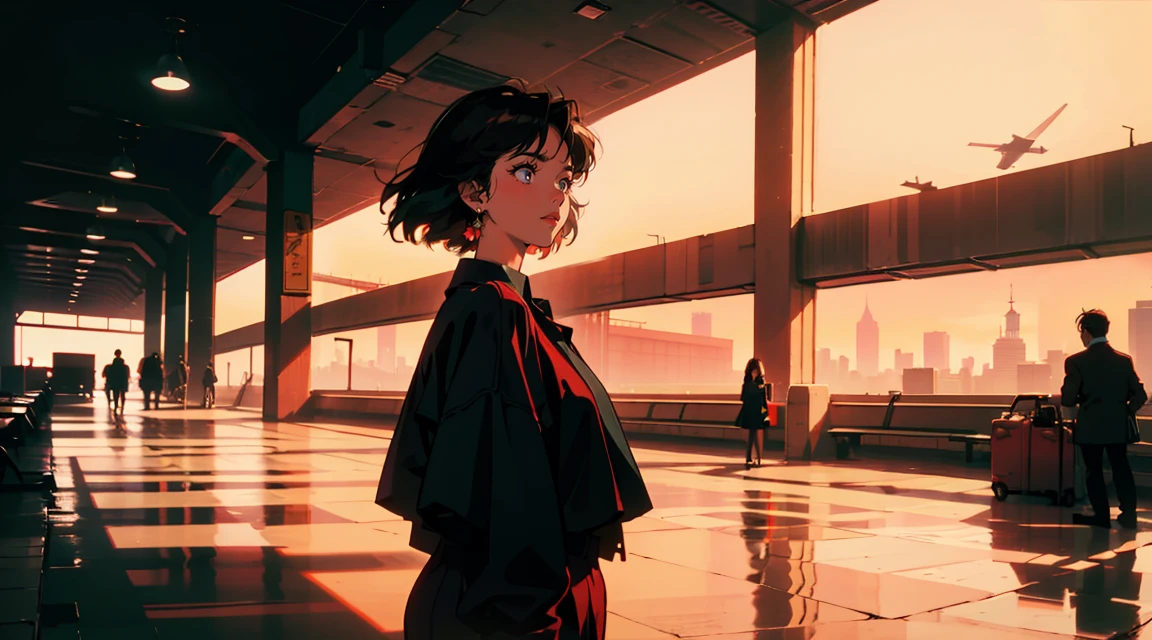 airport,Classic atmosphere, Adult women, Trunk Case ,Perfect Face, A melancholic look, (Backlight: 1.1), A scene from a movie, Soft Shadows, masterpiece, Highest quality, Complex, Model shooting style, Vintage, Film Grain, Wide shot wet hair、Red lipstick