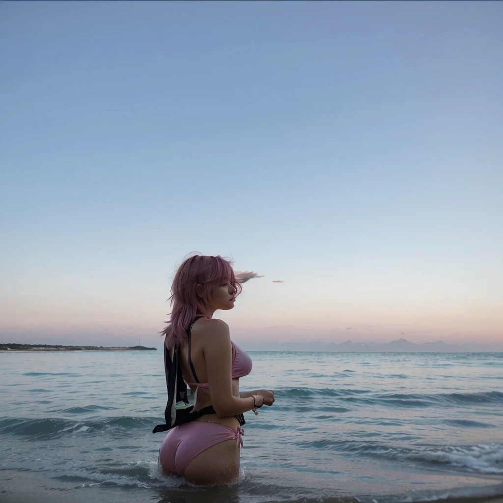 girl, 21 years old, short shoulder-length hair, pink hair color, pink hair, bikini