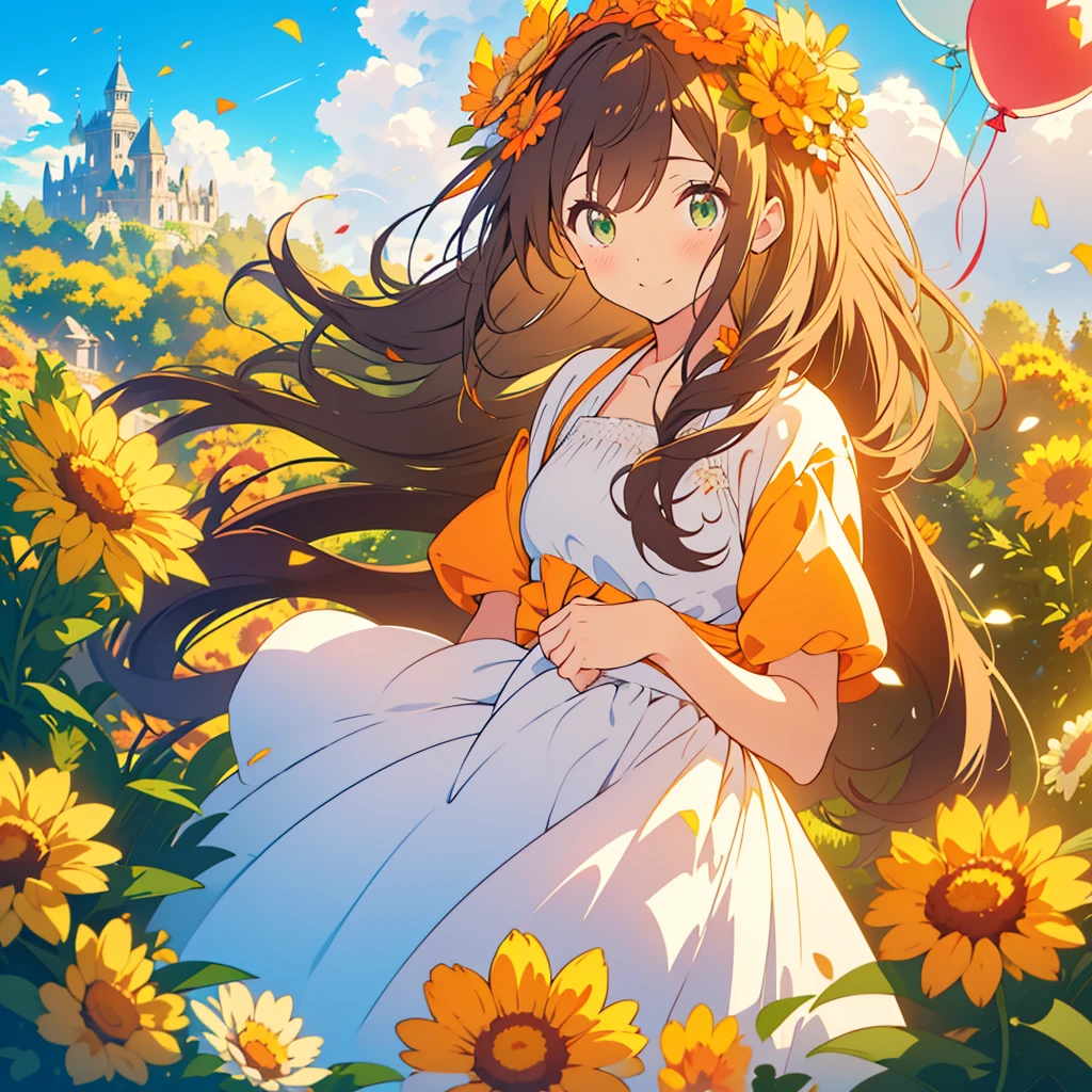 kawaii, anime, Cute, hyper quality, highly detailed, 8k, Clarity, dark brown long hair, smile, green eyes, small orange marigold, small marigold flower garden, wear a flower crown, sit on a flowering hill, colorful balloons, balloons are flying in the sky, flower garden, morning dew, Shining light, particles of light, dazzling smile, Draw facial expressions in detail, Draw the eyes in detail, pure white wedding dress, A breeze flows, Marigold petals dance, A large number of balloons fly into the sky, look up at the sky, A dynamic posture, balloon, clear blue sky, the bird flaps its wings, happy birthday, blue sky, clear sky, rainbow colored balloons, colorful balloons, release a large number of balloons into the sky, upper body, hold one's hand in the sky,