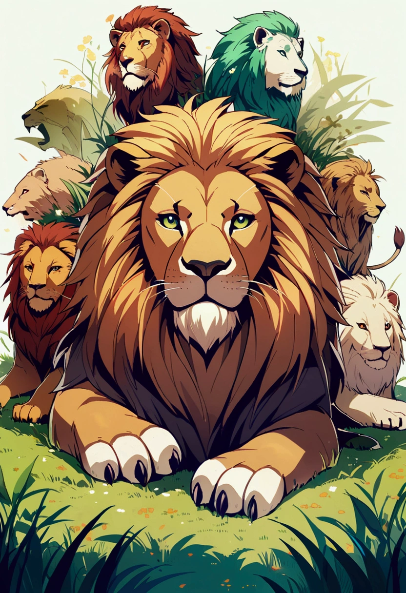 Detailed anime drawing of a sitting lion, And the green eye runs through the meadow by itself, smile, some type animals sitting behind,