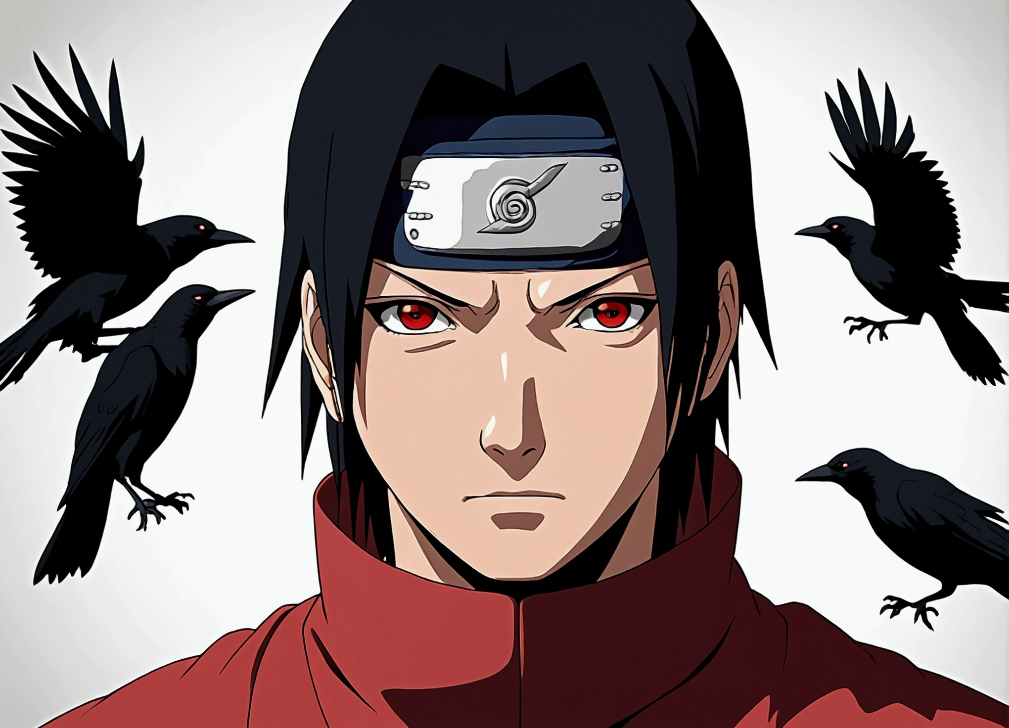 (master part, best quality, high resolution,grainy:1.2), break (Uchiha Itachi:1.3), long  hair,forehead protector, ninja, layer, High throat, jewelries, necklase,blackquality hair ,Eyes red , mascle, 1st grade, black smoke surrounding, covered in black smoke, glare eyes, BREAK crows, turning into crows, (surrounded by crows:1.1), back view,