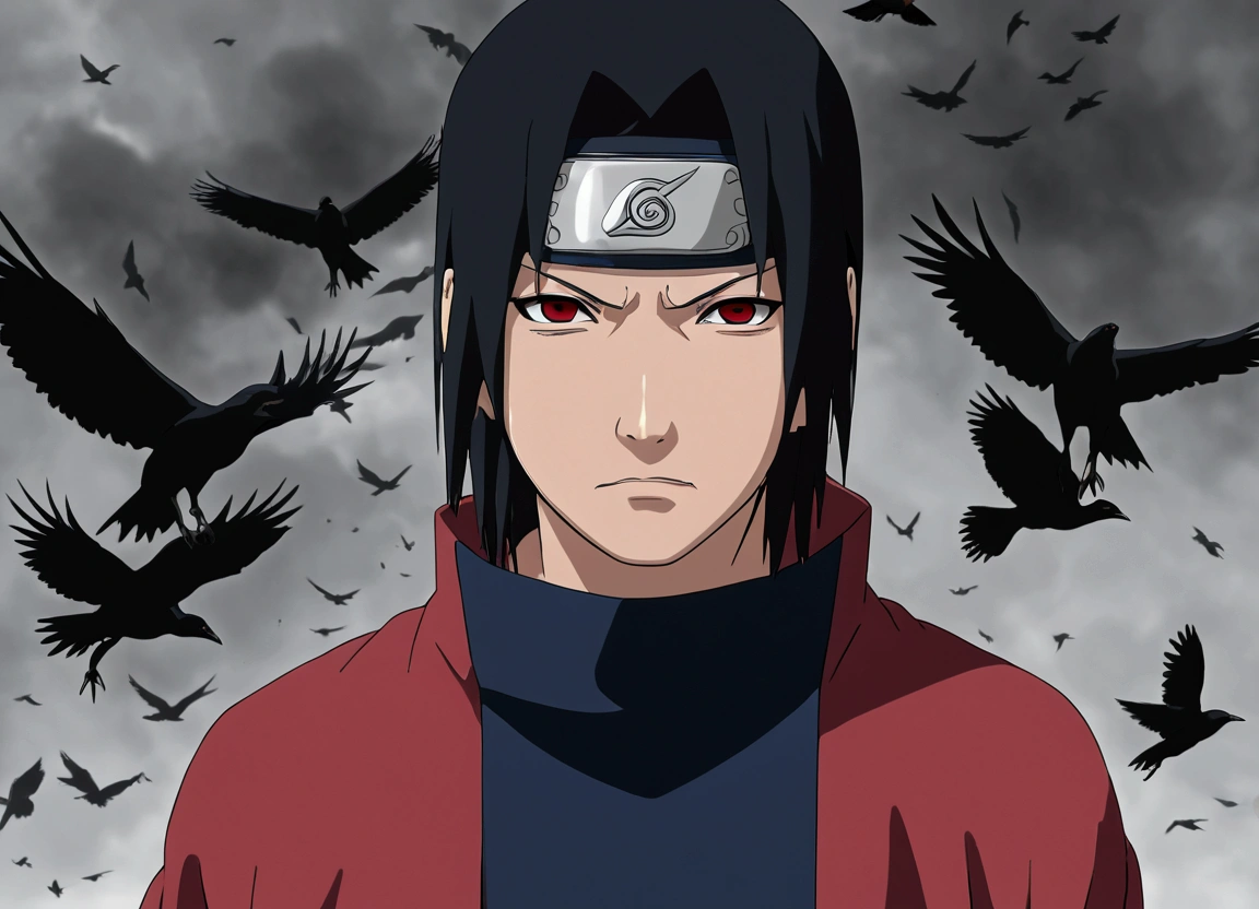 (master part, best quality, high resolution,grainy:1.2), break (Uchiha Itachi:1.3), long  hair,forehead protector, ninja, layer, High throat, jewelries, necklase,blackquality hair ,Eyes red , mascle, 1st grade, black smoke surrounding, covered in black smoke, glare eyes, BREAK crows, turning into crows, (surrounded by crows:1.1), back view,