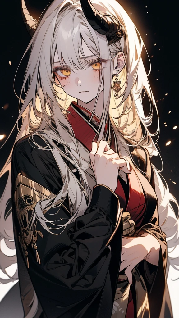 (Top resolution、Distinct_image)top-quality、A girl 、masterpiece、highly detailed, half body, Semi-realistic、yellow eyes 、18year old, silver hair,young 、Exquisite facial features、Facial features ,variation potrait, long hairstyles, age, cool , cold sharp eyes, An expression of despair., lifeless eyes, blood on face, , {Very detailed 8k CG unit wallpaper}, Handsome, solo, female, , loyalty ,Japanese kimono, detailed eyes, beautiful eyes, gorgeous , have dragon horns