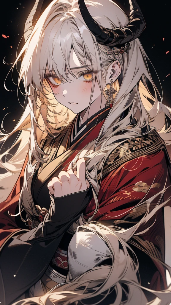 (Top resolution、Distinct_image)top-quality、A girl 、masterpiece、highly detailed, half body, Semi-realistic、yellow eyes 、18year old, silver hair,young 、Exquisite facial features、Facial features ,variation potrait, long hairstyles, age, cool , cold sharp eyes, An expression of despair., lifeless eyes, blood on face, , {Very detailed 8k CG unit wallpaper}, Handsome, solo, female, , loyalty ,Japanese kimono, detailed eyes, beautiful eyes, gorgeous , have dragon horns