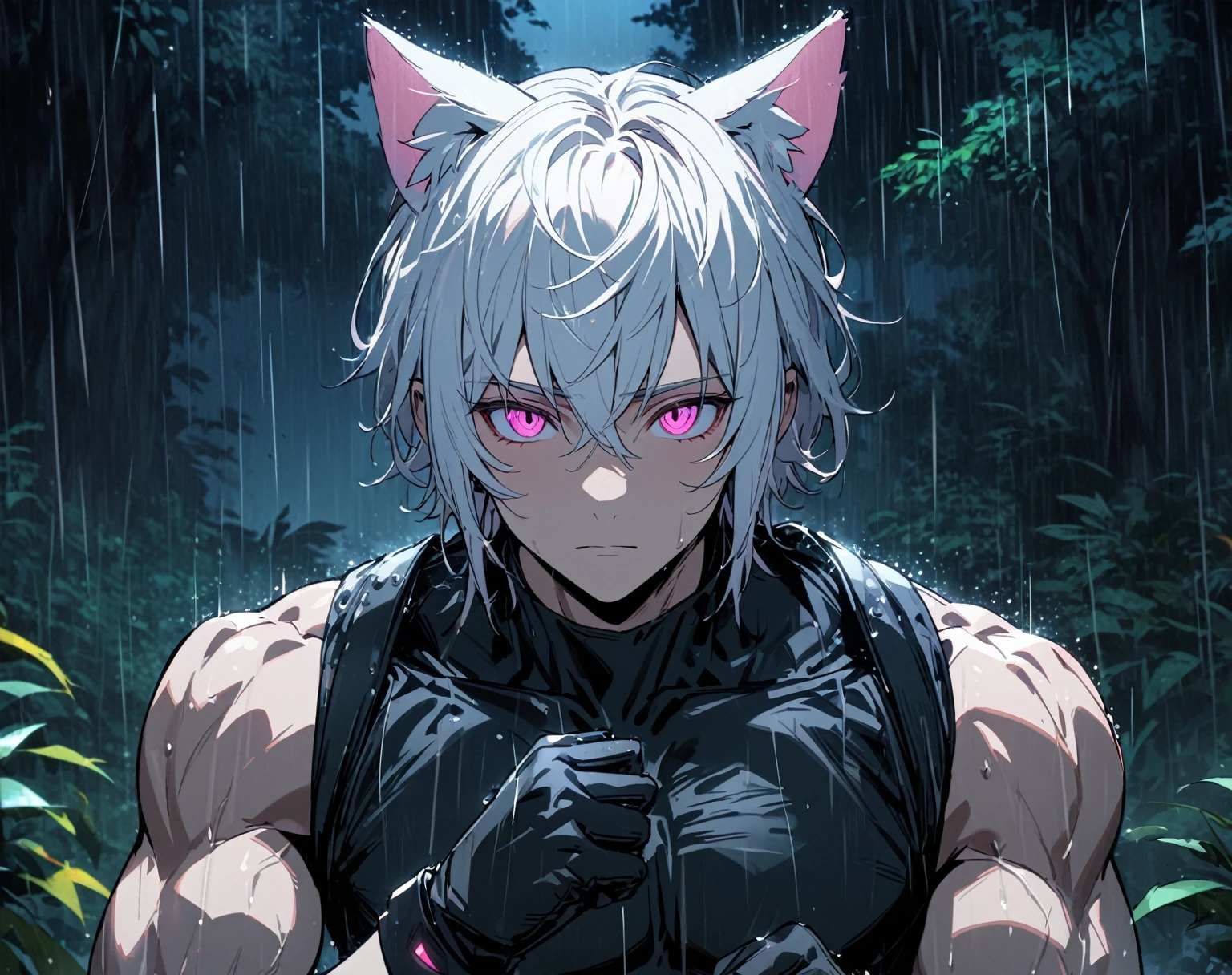 1 men, short white hair, pink eyes, Kitten ears, wearing a black shirt, wearing gloves, slightly muscular body, at night, raining, front view, at a forest, 4K, bright coloured, tall quality, close up no rosto, pretty detailed eyes, well-detailed face