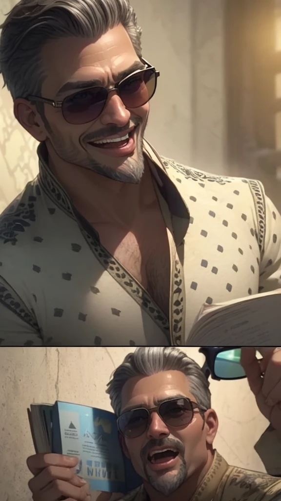 create an image of a man, holding a book in one hand and women magazine in another hand. happy face tongue out, sunglasses. In background"BAKCHOD GENTLEMEN" bold text background. Best quality DP, ultra realistic 