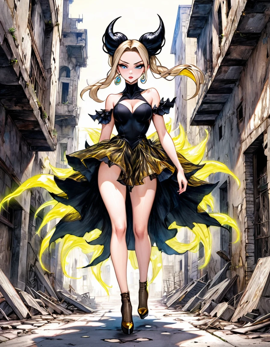 atmosphere terror devil {Amanda Sage Camilla Sanchez Edgar Degas} girl Vegeta sexy very fine drawing cartoon sketch art pastels watercolor pencil sketch black gold withe neon terror evil Venom rich deep color bright palette. perfect full body composition wonderful big sexy sad woman luminous face sensual allure walking city ruins masterpiece smooth smart focus