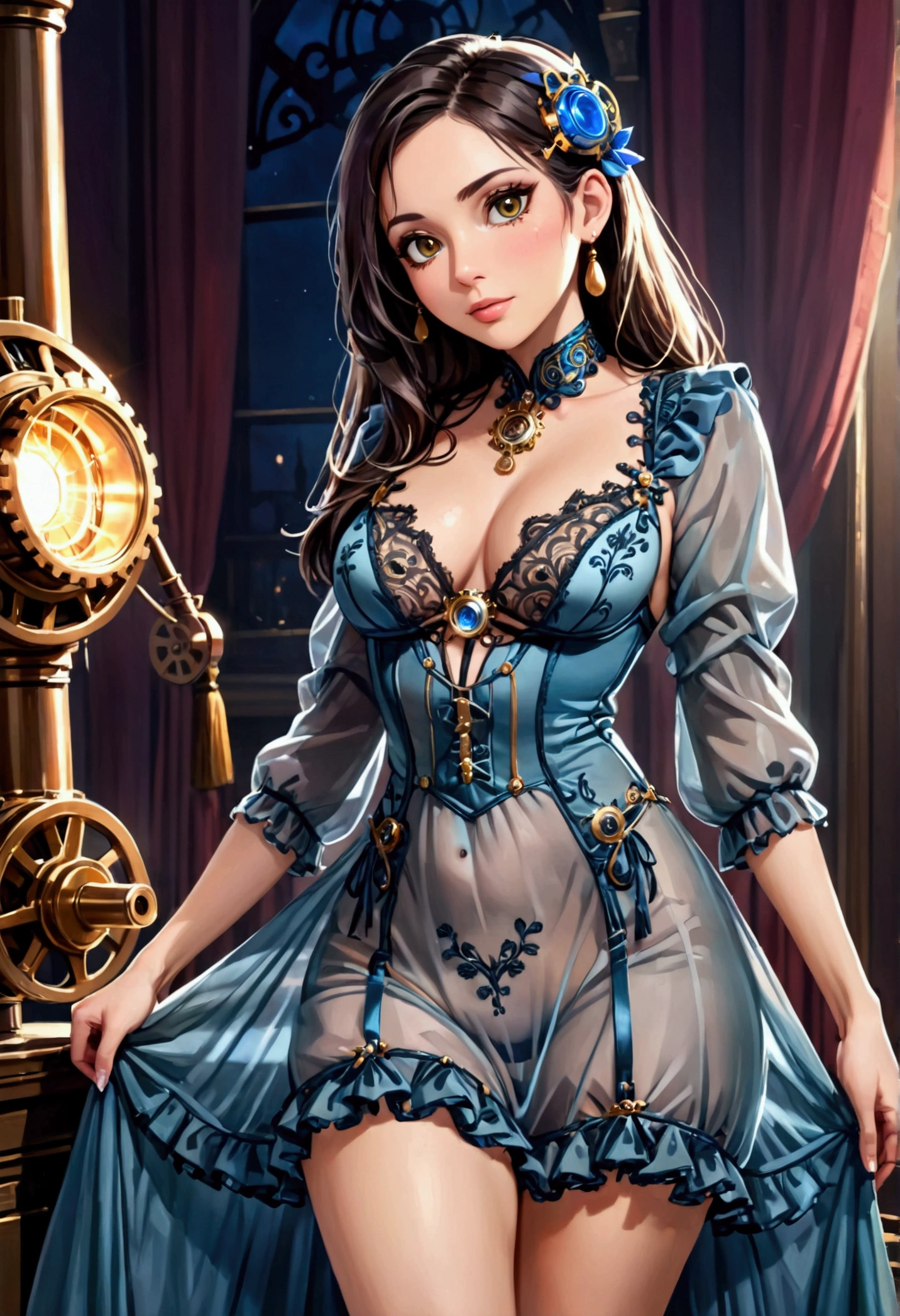 (a sultry steam-powered hostess, Malaysian woman of leisure, tantalizing sheer intricately embroidered night gown, complex gears and pistons, steam vents, optical lenses), formal ballroom, guests, (best quality,4k,8k,highres,masterpiece:1.2),ultra-detailed,(realistic,photorealistic,photo-realistic:1.37),intricate machinery, ornate decorations, dramatic lighting, elegant attire, refined mannerisms
