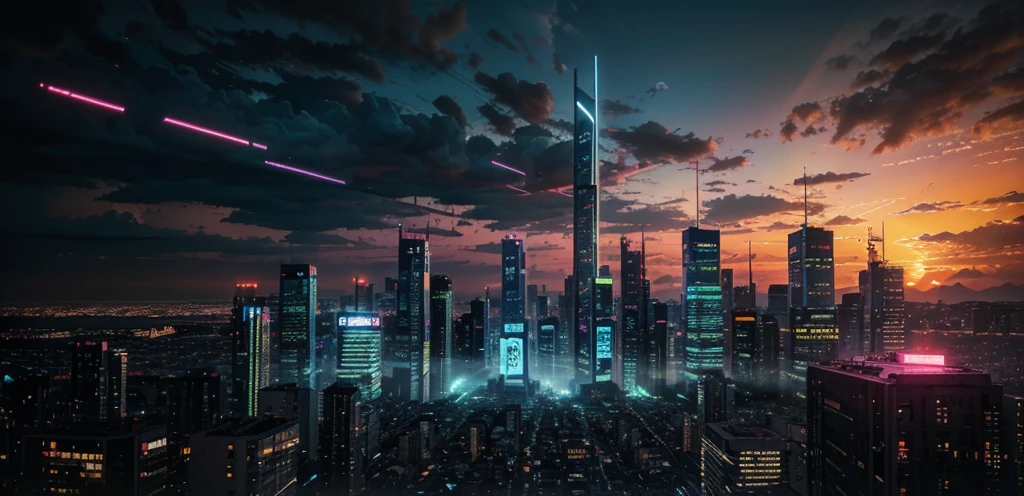 create a background image that conveys the appearance of a cyberpunk city, with vivid neon colors and blue LED, Pink, Unripe, warm colours, along with a sunset, view from an apartment