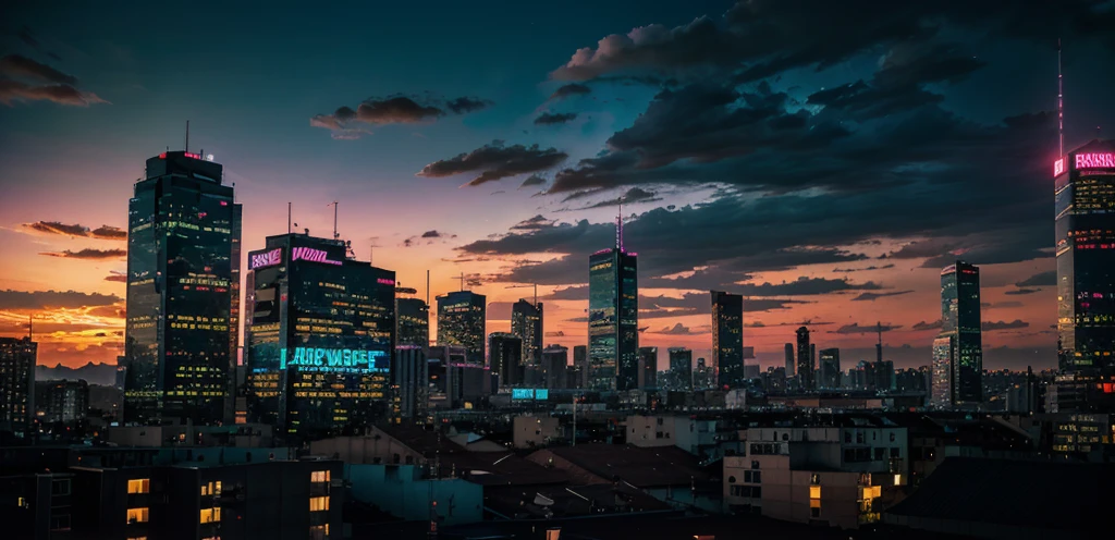 create a background image that conveys the appearance of a cyberpunk city, with vivid neon colors and blue LED, Pink, Unripe, warm colours, along with a sunset, view from an apartment