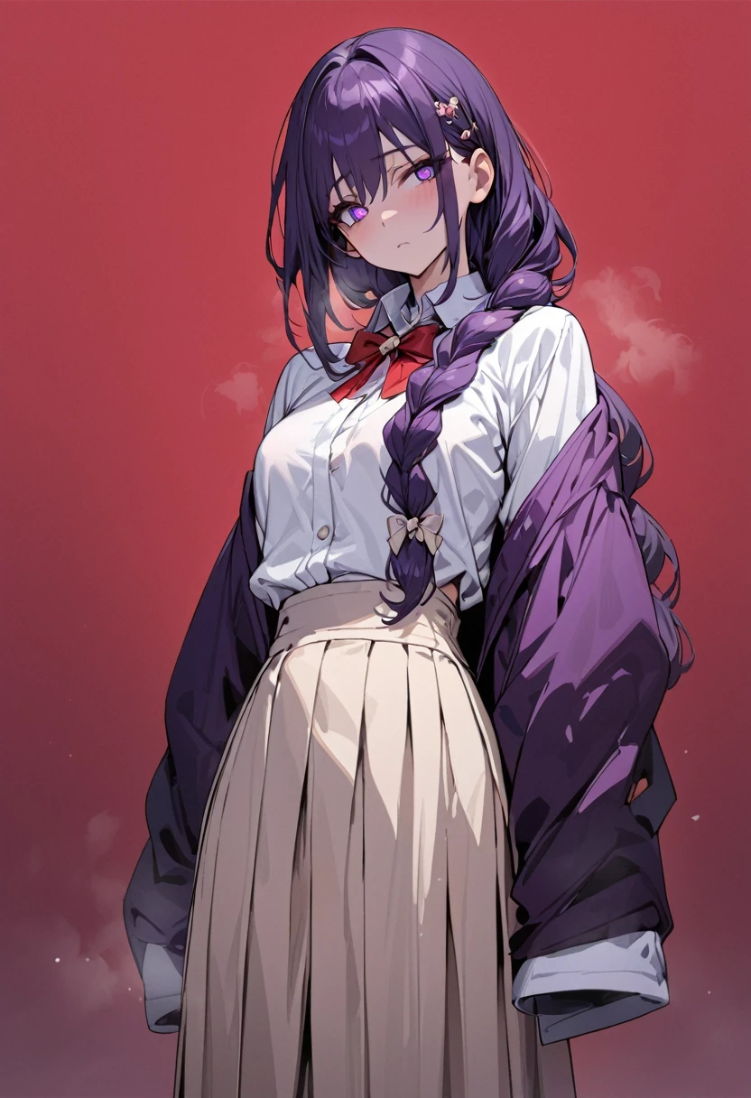 masterpiece, (bestquality), highlydetailed, cold, calm, gentle, expressionless, solo, (1 adult female), dark purple hair, very long single braid, bright purple eyes, (((detailed eyes))), (white collared shirt with white furisode sleeves), thin red bow tie under the collar, (diamond-shaped pin on the front of the bow), tucked shirt, (black high-waisted pleated skirt), dark purple high socks, black ankle boots, (simple earthy red background), ((empty background)), full body, standing