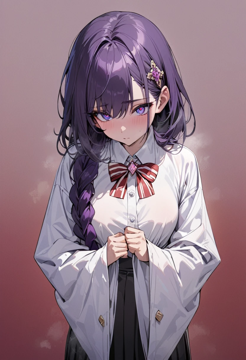 masterpiece, (bestquality), highlydetailed, cold, calm, gentle, expressionless, solo, (1 adult female), dark purple hair, very long single braid, bright purple eyes, (((detailed eyes))), (white collared shirt with white furisode sleeves), thin red bow tie under the collar, (diamond-shaped pin on the front of the bow), tucked shirt, (black high-waisted pleated skirt), dark purple high socks, black ankle boots, (simple earthy red background), ((empty background)), full body, standing