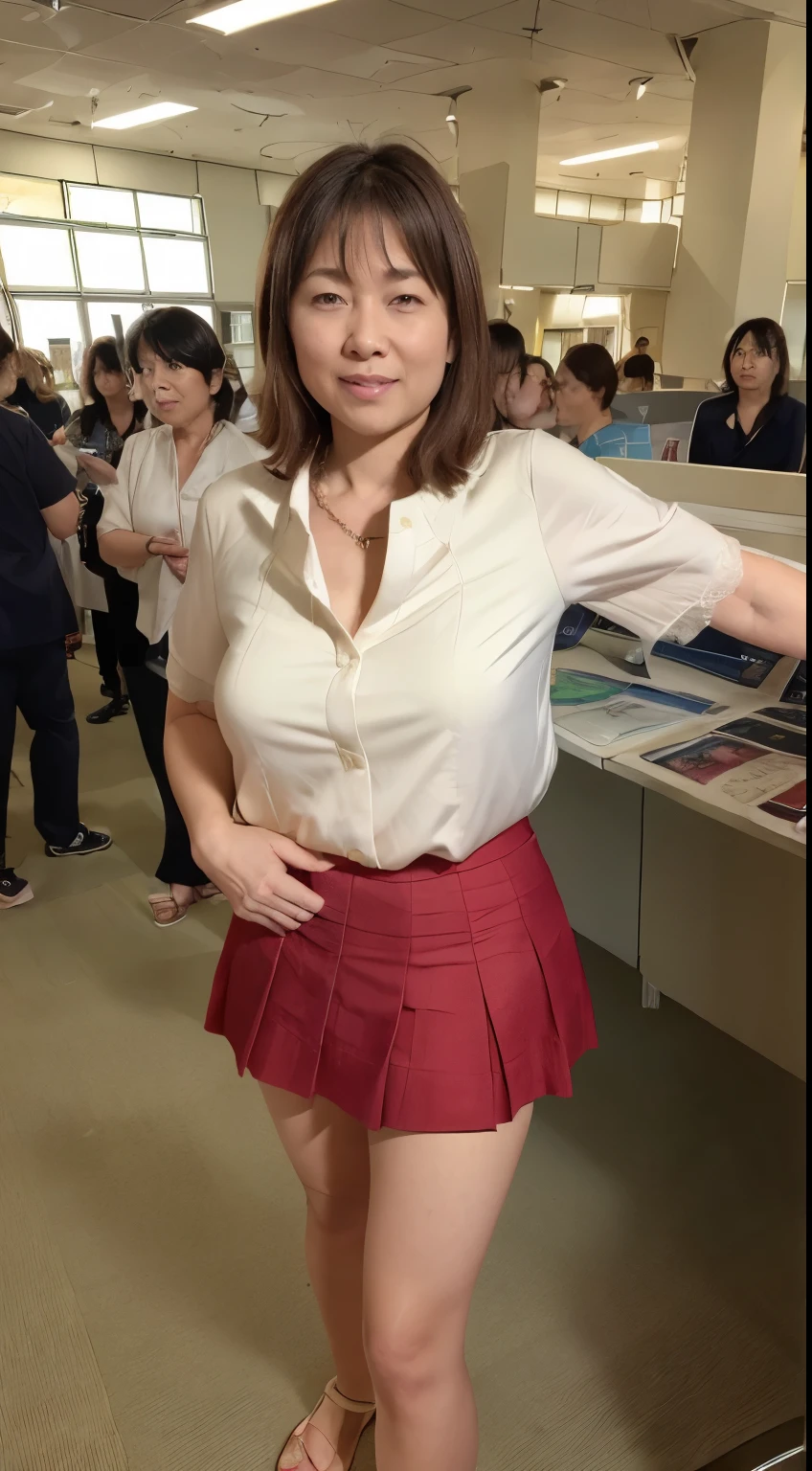  (8k, Highest quality, masterpiece:1.2), (Realistic, photo-Realistic:1.37), (High color saturation:1.0),  (Very detailed肌), (Highest quality:1.0), (Ultra-high resolution:1.0) ,(Realistic:1.0), (Very detailed:1.0), (8k, RAW Photos:1.1)、Standing Random Pose, smile, Natural Breasts, Perfect lighting, 36 only, (mysterious), Clear and detailed, ((Japanese_office_uniform, flare skirt, sexy_blouse)), (indoor office, escalator), Surprised face, ((See the viewer behind)), ((Low angle photo)), panties, 