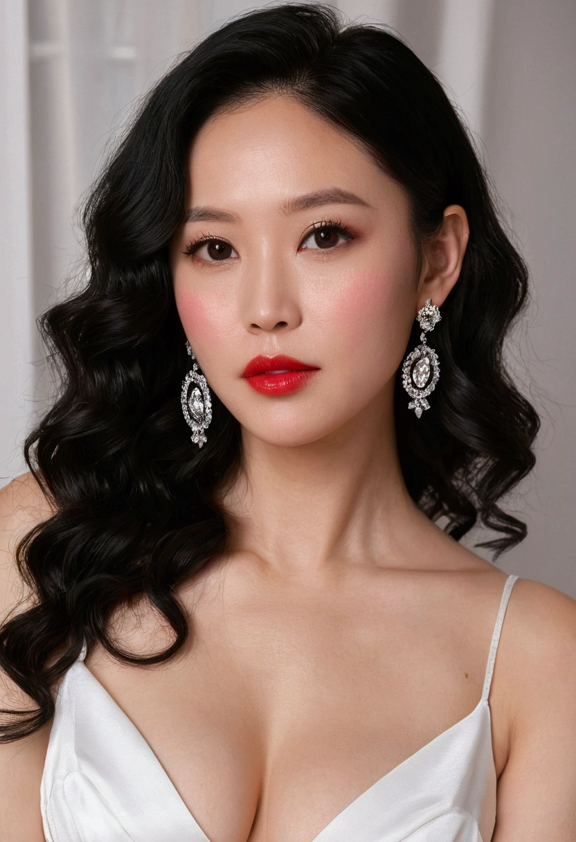 (45 years old,Red lips、Wavy Hair)、 Absurd、Flat lighting、Realistic、Very detailed、Bright colors、Fine and beautiful eyes、Perfect Eyes、Thin Hair、1 female、(Black Hair、Black eyes)、Delicate and beautiful face,White slip dress、Emphasize cleavage,blush,sexy,Sit on the bed,Open your lips wide、Earrings