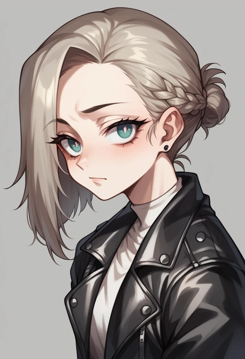 catgilr wiht clutty eyes, amazing hairstyle, leather jacket