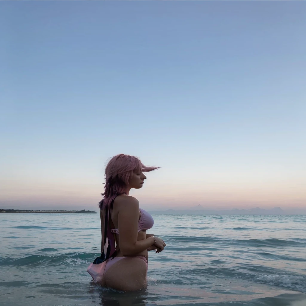 girl, 21 years old, short shoulder-length hair, pink hair color, pink hair, bikini